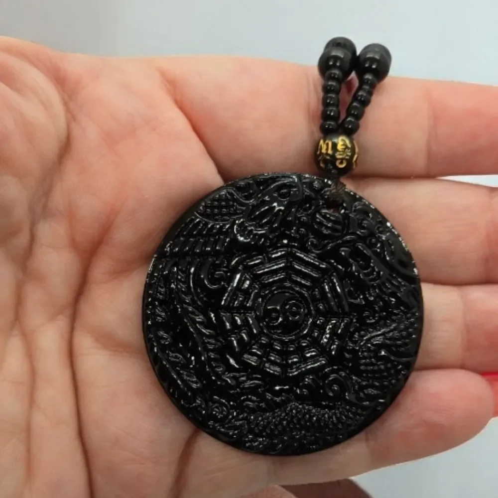 Black Obsidian Dragon Phoenix Pendant Necklace Feng Shui Good Luck Charm Fantasy